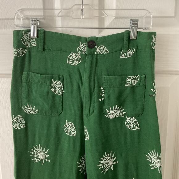 Zara Pants Womens Size L Green Linen Blend Cropped Preppy Embroidery Tropical - Picture 1 of 7